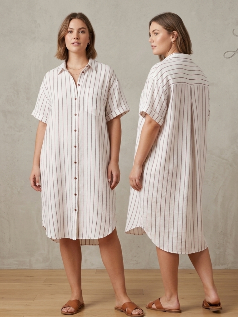 Cato Cream Short-Sleeve Button-Down Shirt Dress with Burgundy Stripes